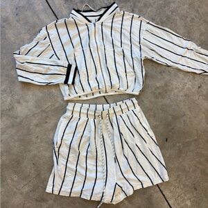 FP Movement by Free People White and Black Striped Cropped Jacket + Shorts Set